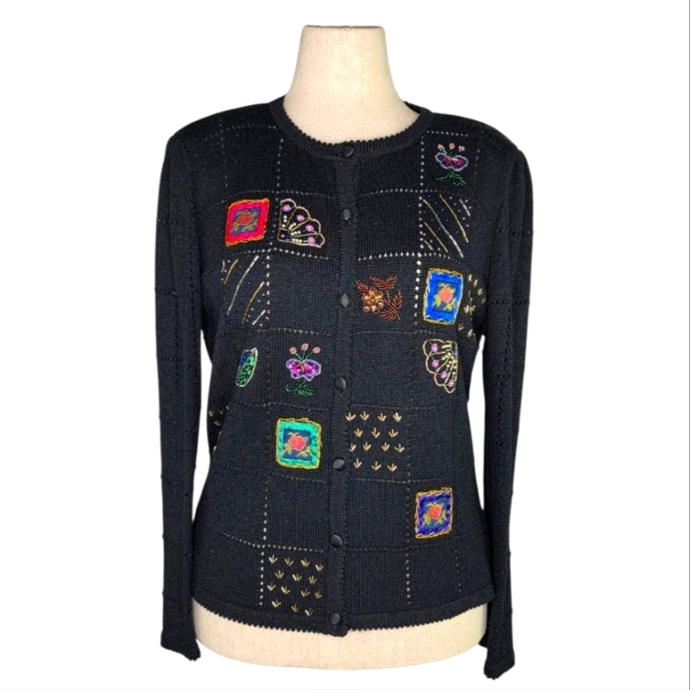 Vintage 1991 Susan Bristol Beaded Embroidered Black Cardigan Sweater L Hong Kong
